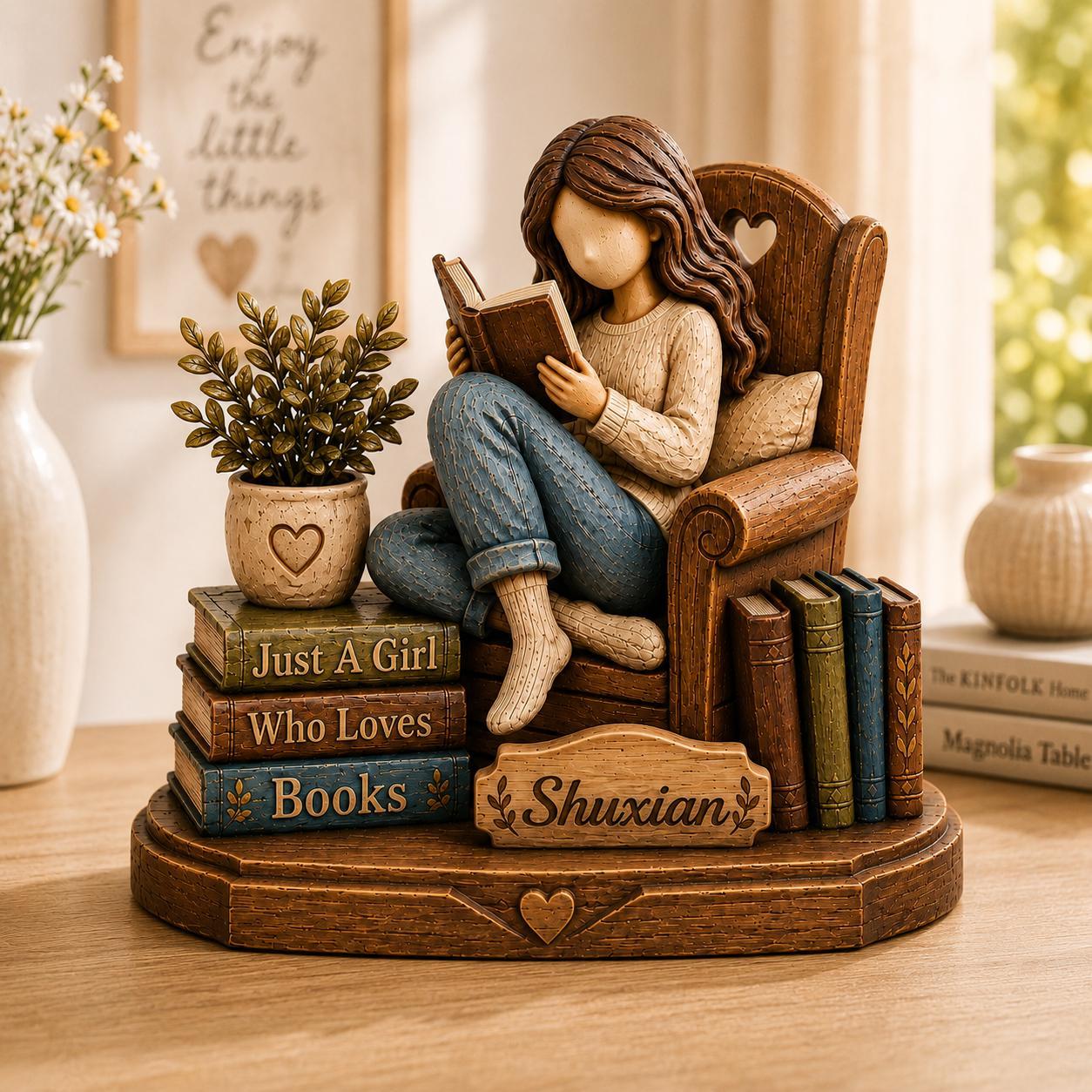 Personalized Reading Girl Wooden Decor Custom Name Gift for Book Lovers and Avid Readers