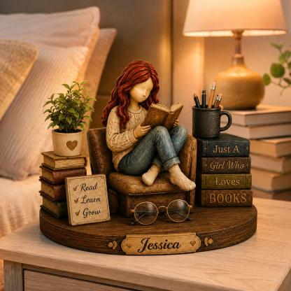 Personalized Reading Girl Wooden Decor Custom Name Gift for Book Lovers and Avid Readers