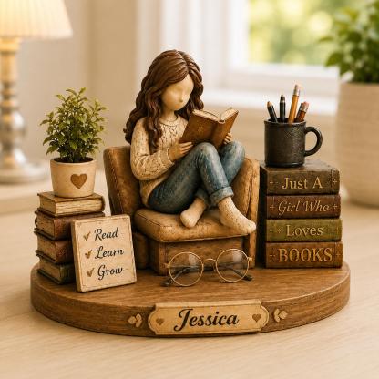 Personalized Reading Girl Wooden Decor Custom Name Gift for Book Lovers and Avid Readers