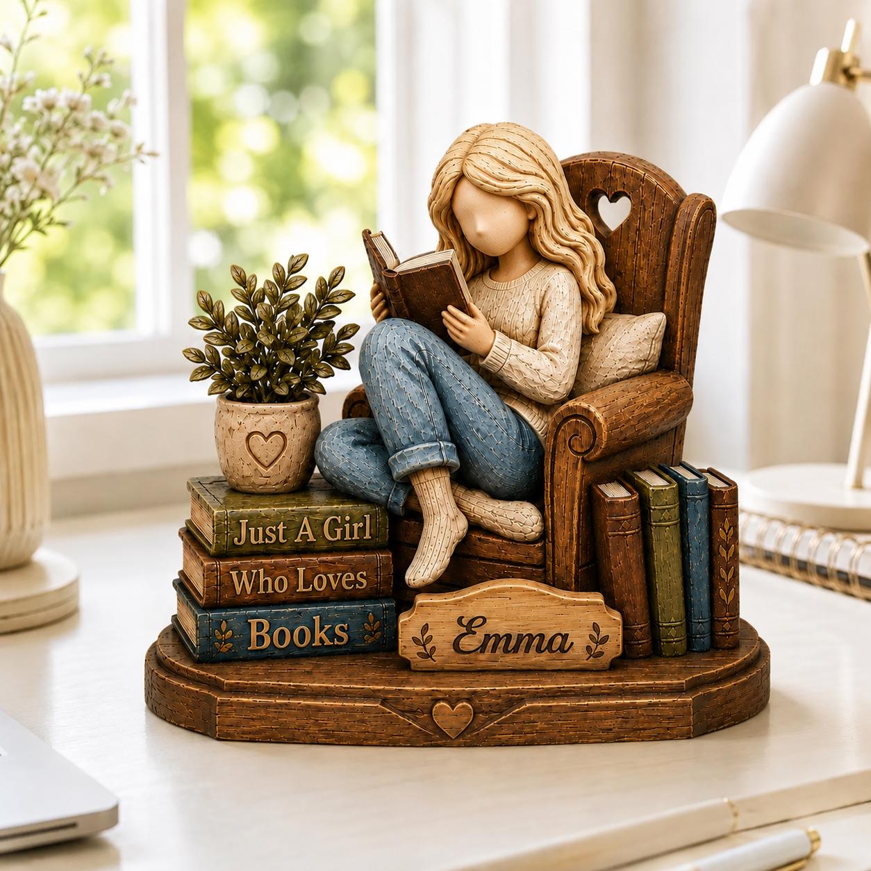 Personalized Reading Girl Wooden Decor Custom Name Gift for Book Lovers and Avid Readers