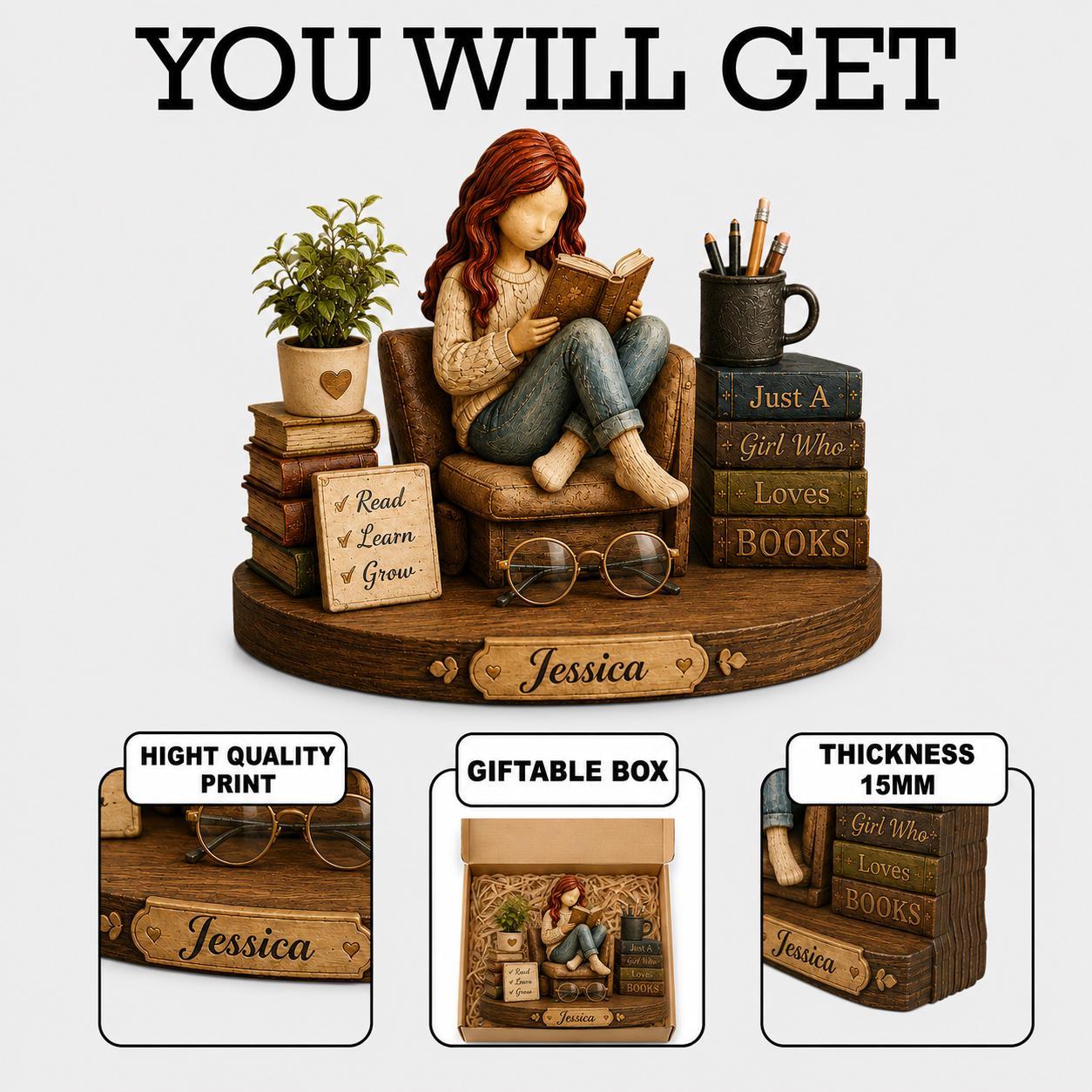 Personalized Reading Girl Wooden Decor Custom Name Gift for Book Lovers and Avid Readers