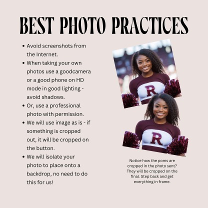 Personalized Sports Photo Button Custom Photo and Text Pinback for Cheer Dance Soccer Softball Volleyball and Senior Night 2.25 2.5 and 3 Inch