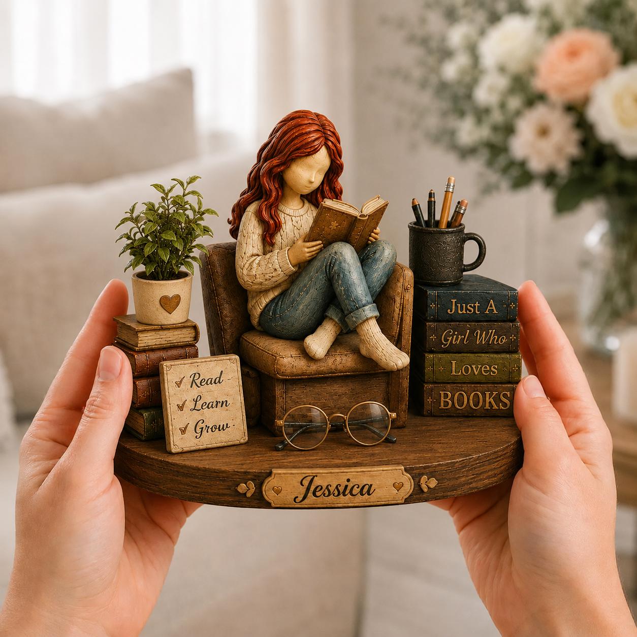 Personalized Reading Girl Wooden Decor Custom Name Gift for Book Lovers and Avid Readers