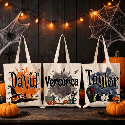 Personalized Halloween Tote Bag, Custom Name Trick or Treat Bag, Spooky Pumpkin Canvas Bag, Halloween Gift