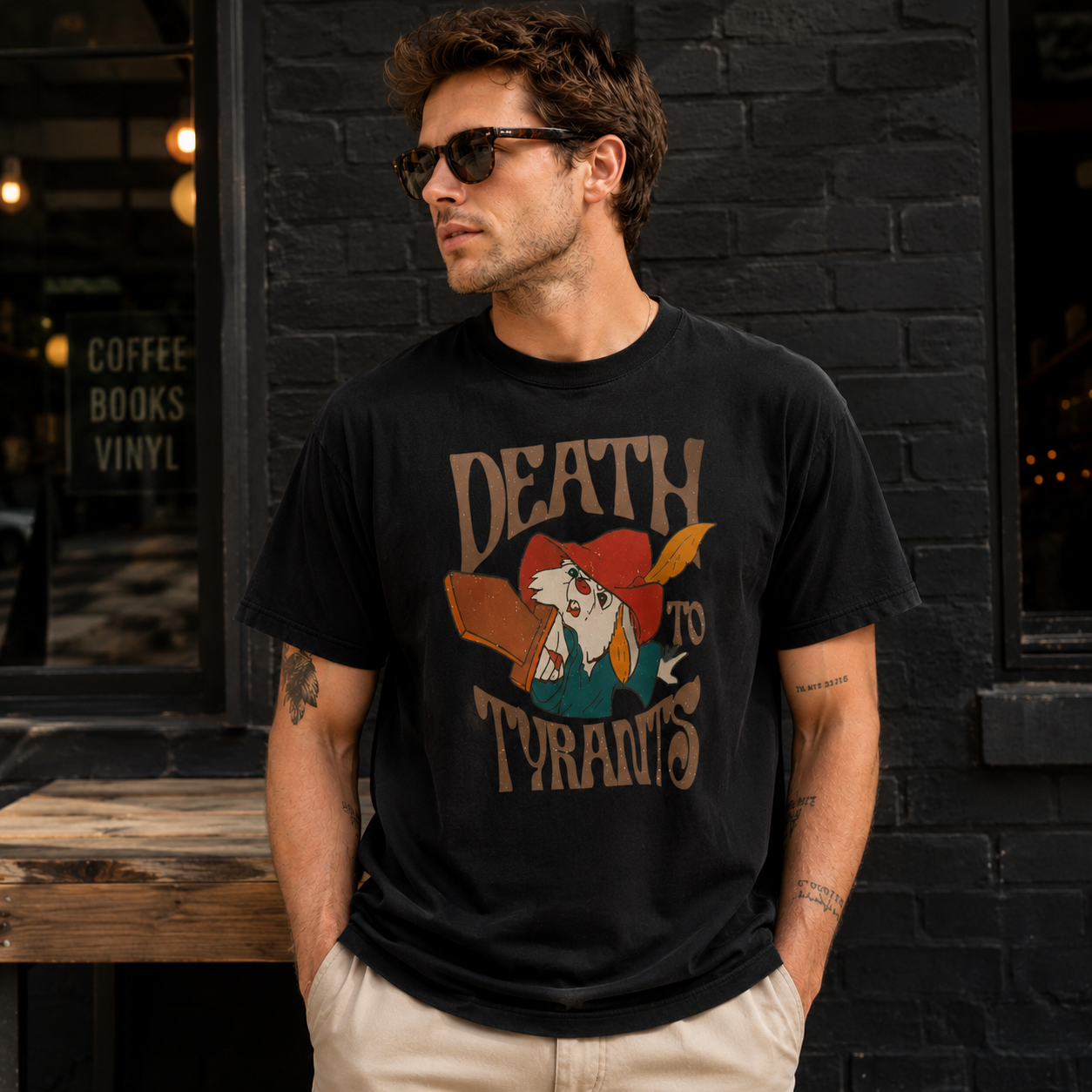 Vintage “Death to Tyrants” Graphic T-Shirt – Retro Streetwear Cotton Tee with Bold Illustrated Character Print