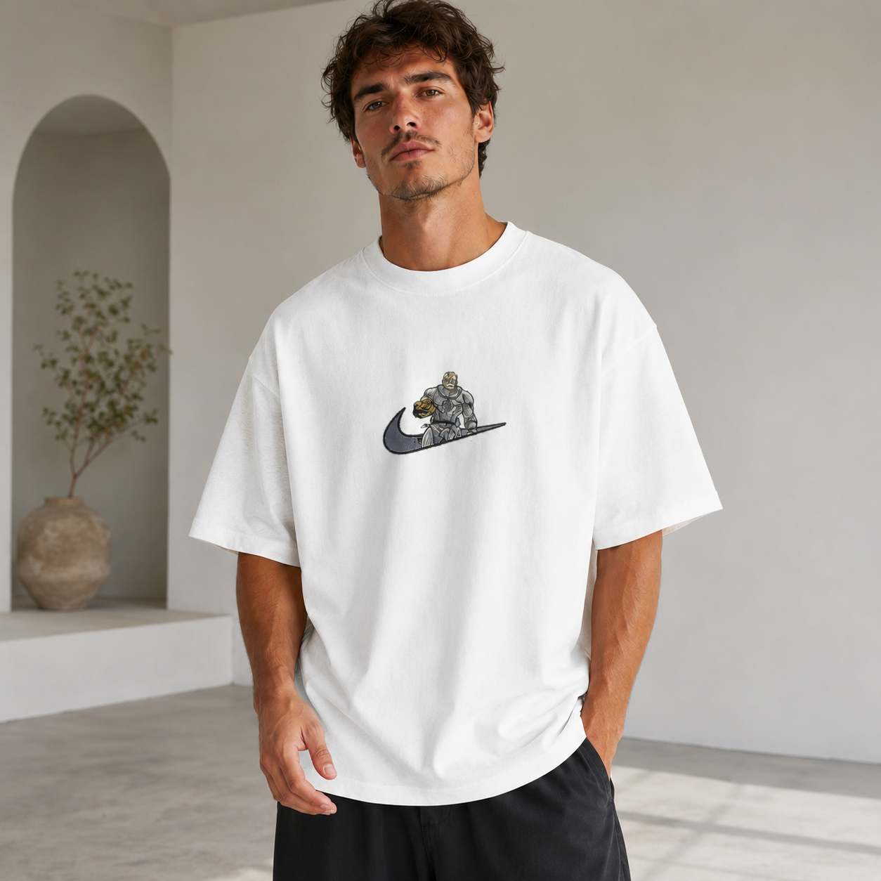 Minimalist Oversized Streetwear T-Shirt – Futuristic Armored Warrior Chest Graphic Tee