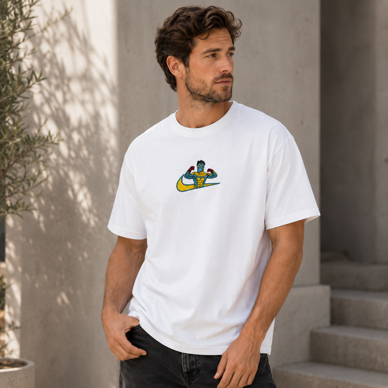 Minimalist Oversized Streetwear T-Shirt – Action-Inspired Chest Graphic Tee