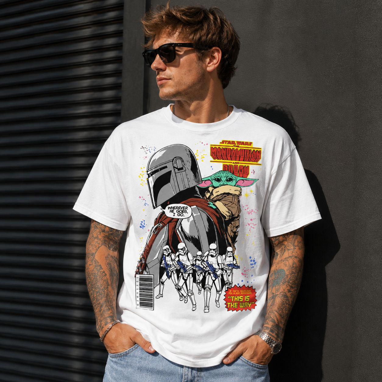 Retro Sci-Fi Space Bounty Hunter Helmet & Cute Alien Companion Comic Collage Graphic T-Shirt Vintage Streetwear Unisex Tee