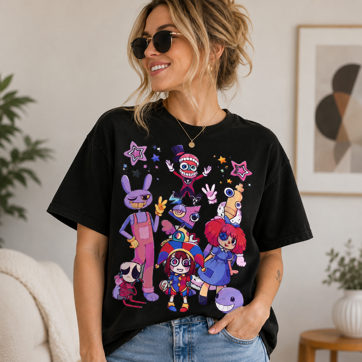 Whimsical Circus Character Collage Graphic T-Shirt with Colorful Fantasy Cartoon Streetwear Design Unisex Casual Tee