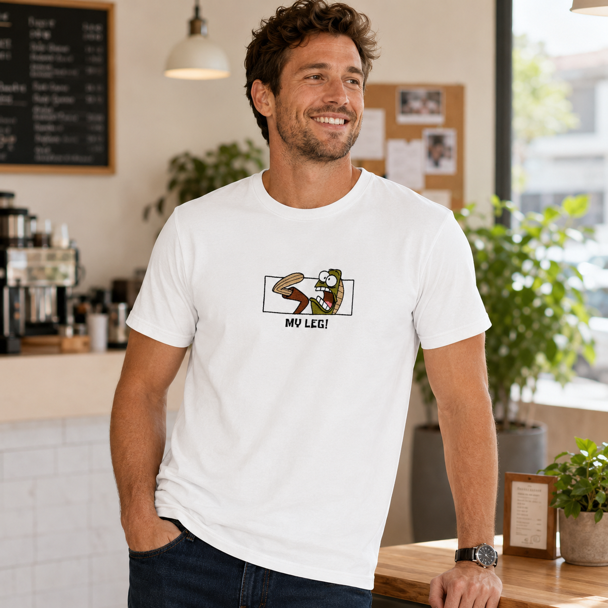 Funny Cartoon Character “My Leg!” Reaction Quote Graphic T-Shirt Casual Streetwear Tee