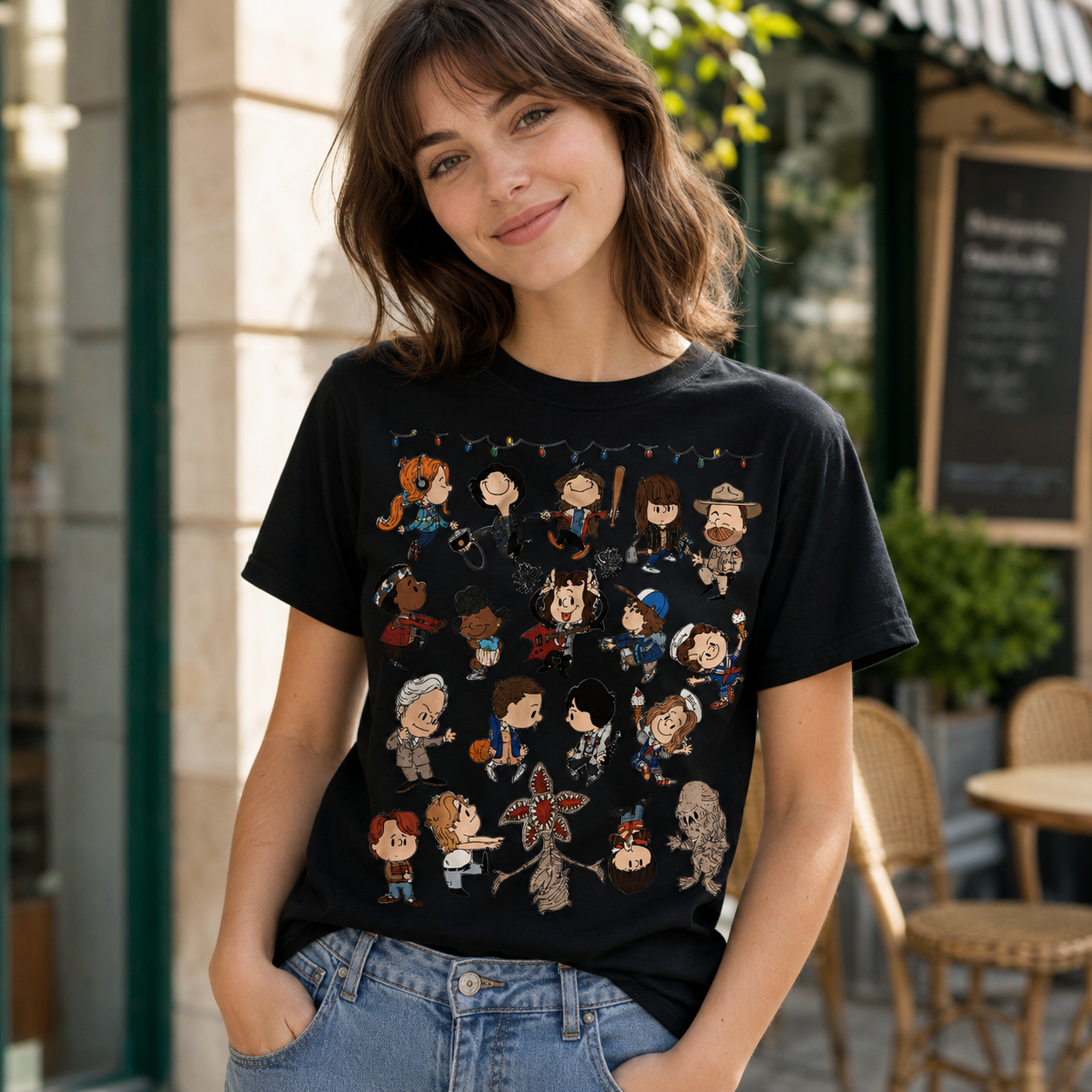 Retro Spooky Character Collage Graphic Tee for Horror Fans