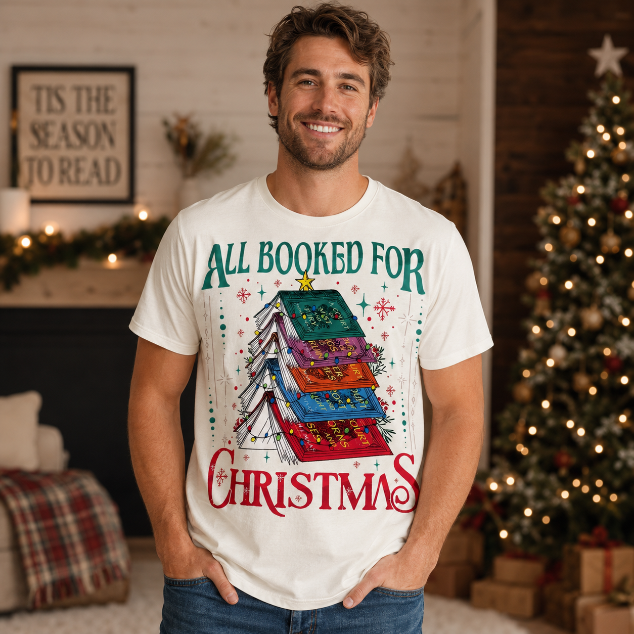 All Booked for Christmas Graphic T-Shirt – Holiday Book Lover Cozy Reading Festive Tee