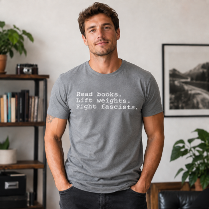 “Read Books Lift Weights” Statement Graphic Short Sleeve T-Shirt – Book Lover & Fitness Lifestyle Casual Tee
