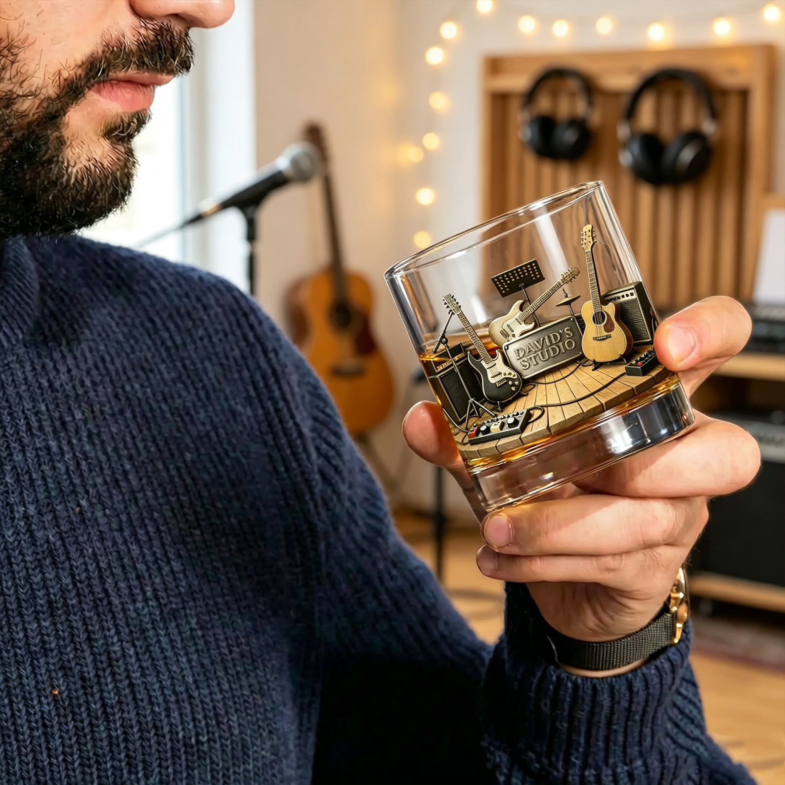 Personalized Guitar Whiskey Glass with Name, Custom 10oz Rocks Glass, Gift for Music Lovers & Whiskey Lovers