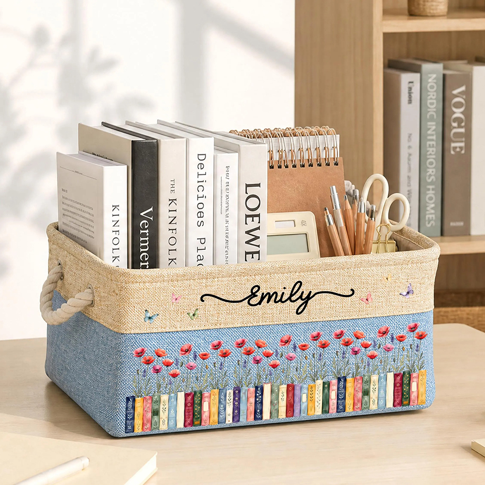 Personalized Birth Flower Book Basket Custom Name Gift for Book Lovers