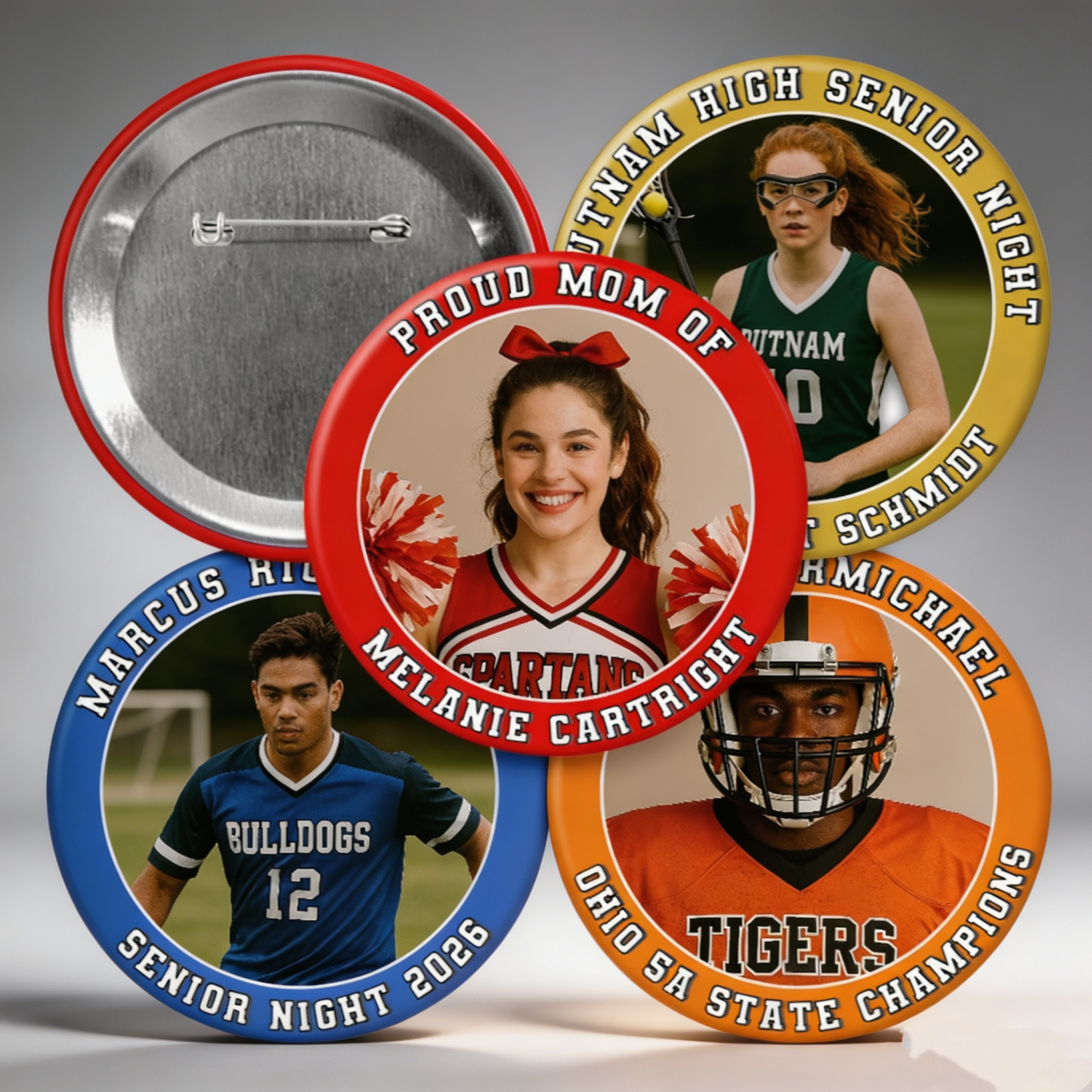 Personalized Sports Photo Button, Custom Photo & Text Pin Back Badge, Game Day & Senior Night Keepsake