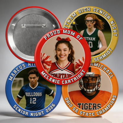 Personalized Sports Photo Button, Custom Photo & Text Pin Back Badge, Game Day & Senior Night Keepsake
