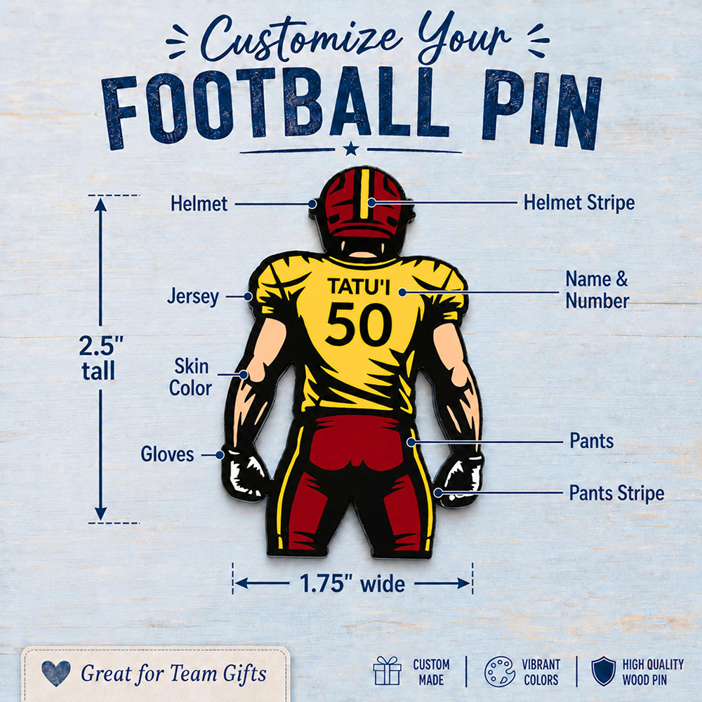 Personalized Football Player Pin Custom Name and Jersey Number Team Colors Game Day Keepsake