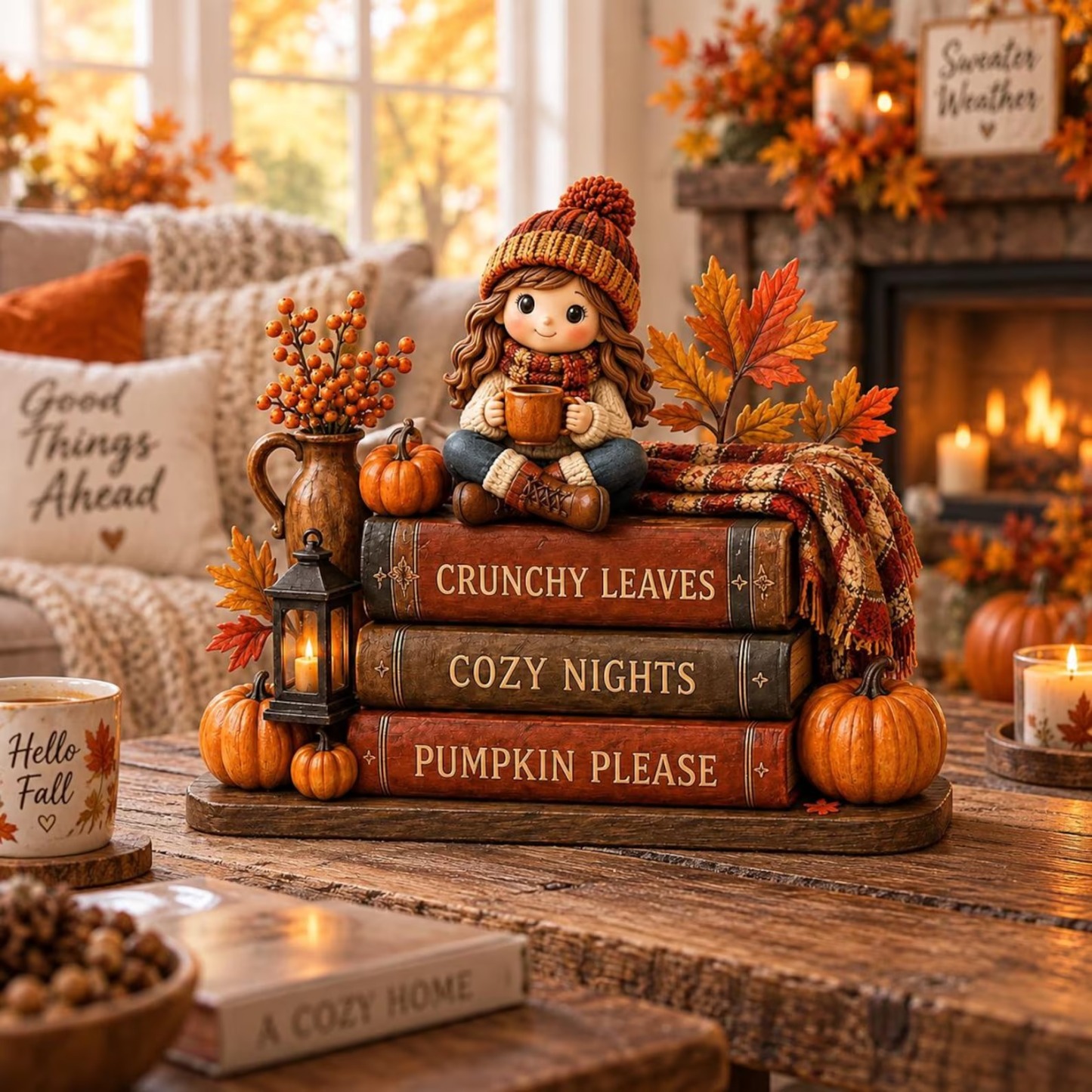 Cute Ghost Coffee Book Stack Cozy Halloween Shelf Decor