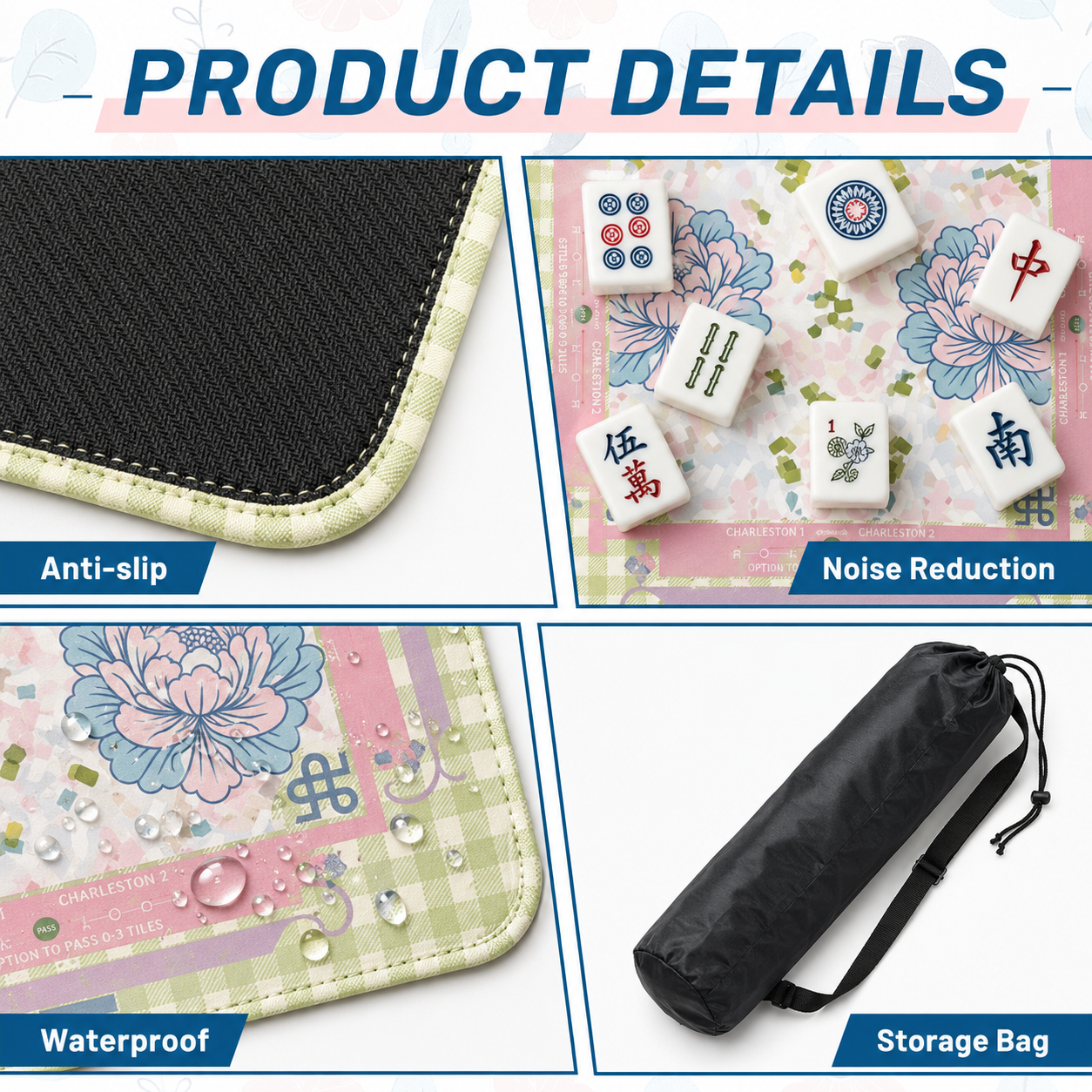 Gingham Peony Mahjong Mat product view 3
