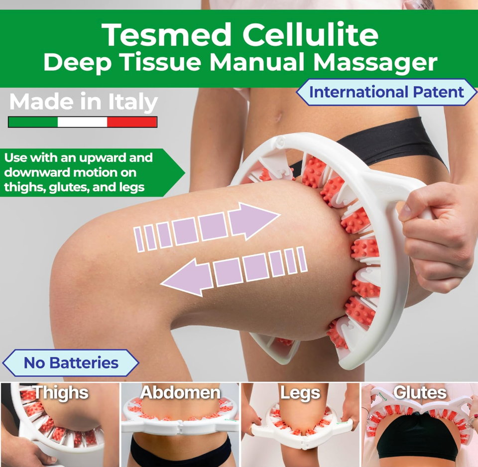 Cellulite Manual Massager Roller for Thighs and Buttocks Made in Italy and patented, with converging and diverging roller technology for targeted anti-cellulite massage.