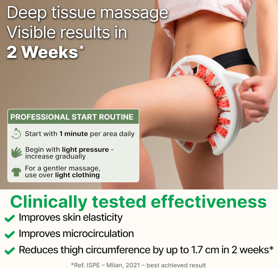 Cellulite Manual Massager Roller for Thighs and Buttocks Made in Italy and patented, with converging and diverging roller technology for targeted anti-cellulite massage.