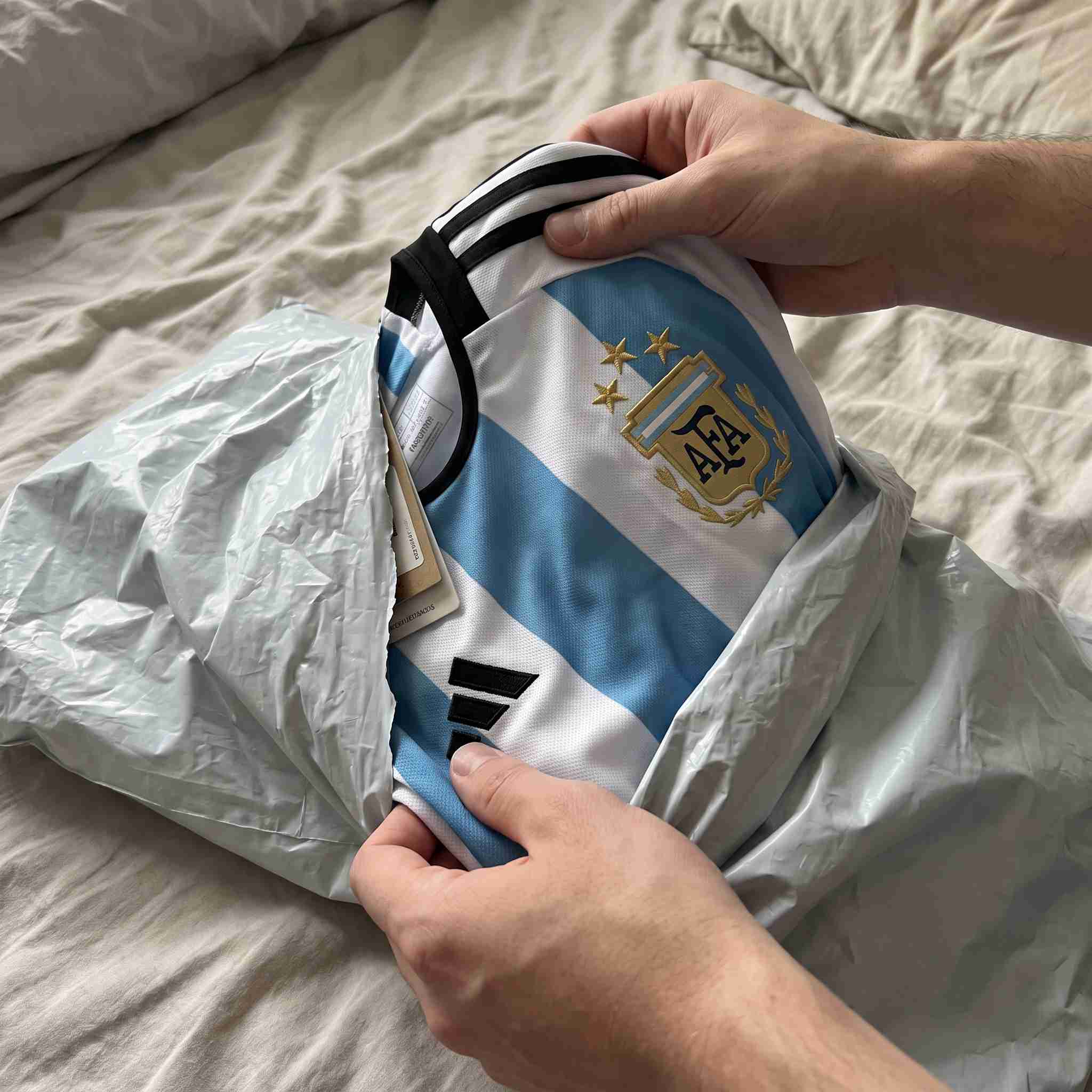 Customer unboxing 3-star sky blue striped soccer jersey fresh out of courier shipping bag