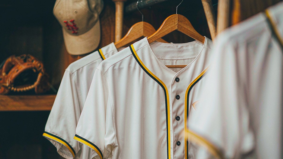 Major League Baseball jerseys hanging in a wooden clubhouse locker beside wooden bats