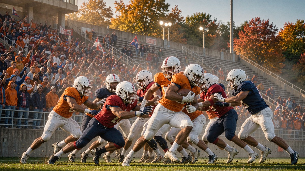 College football game on an autumn Saturday with players on the field and a packed student section
