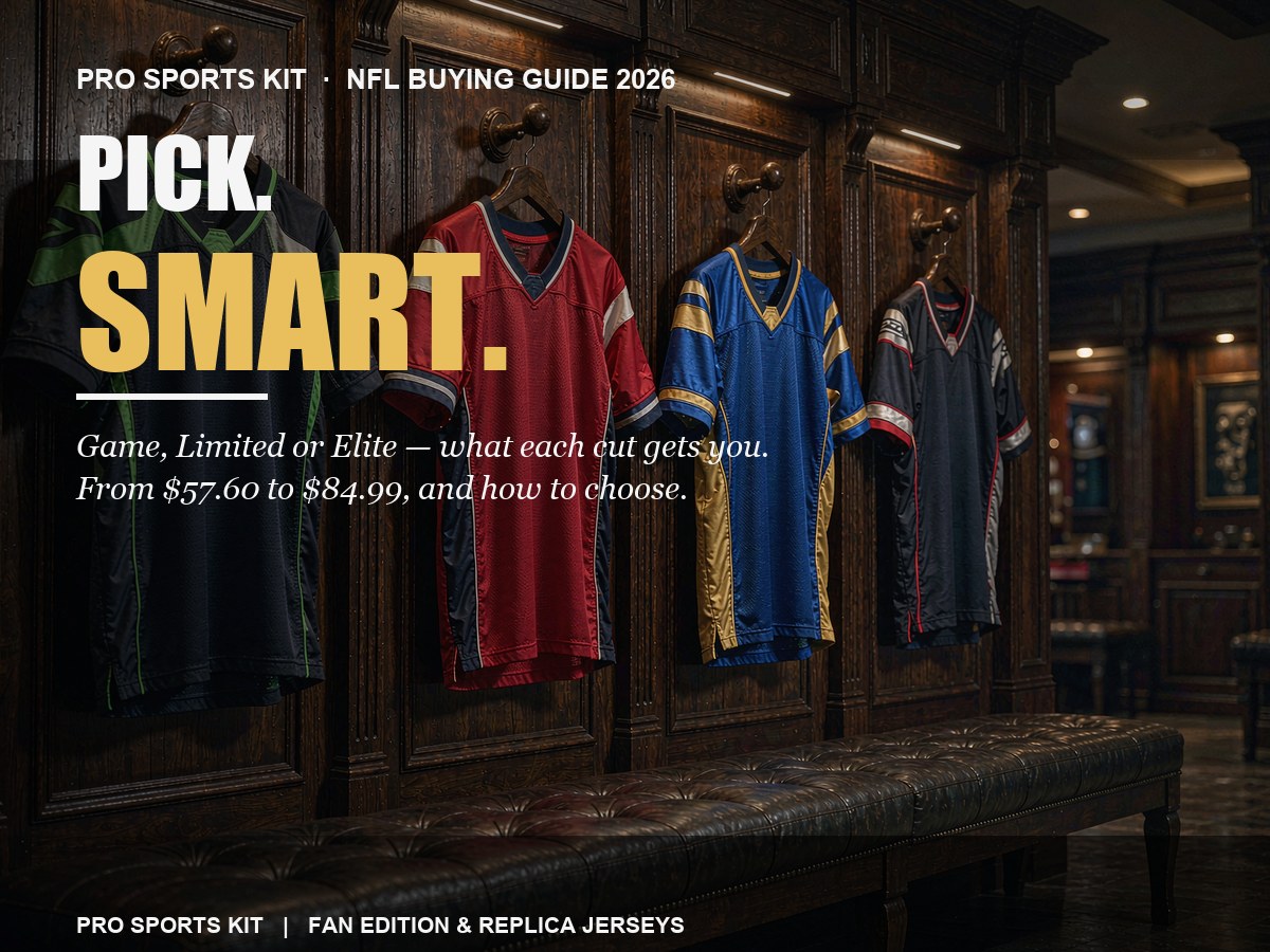 Premium locker room with popular NFL team jerseys, editorial typography overlay