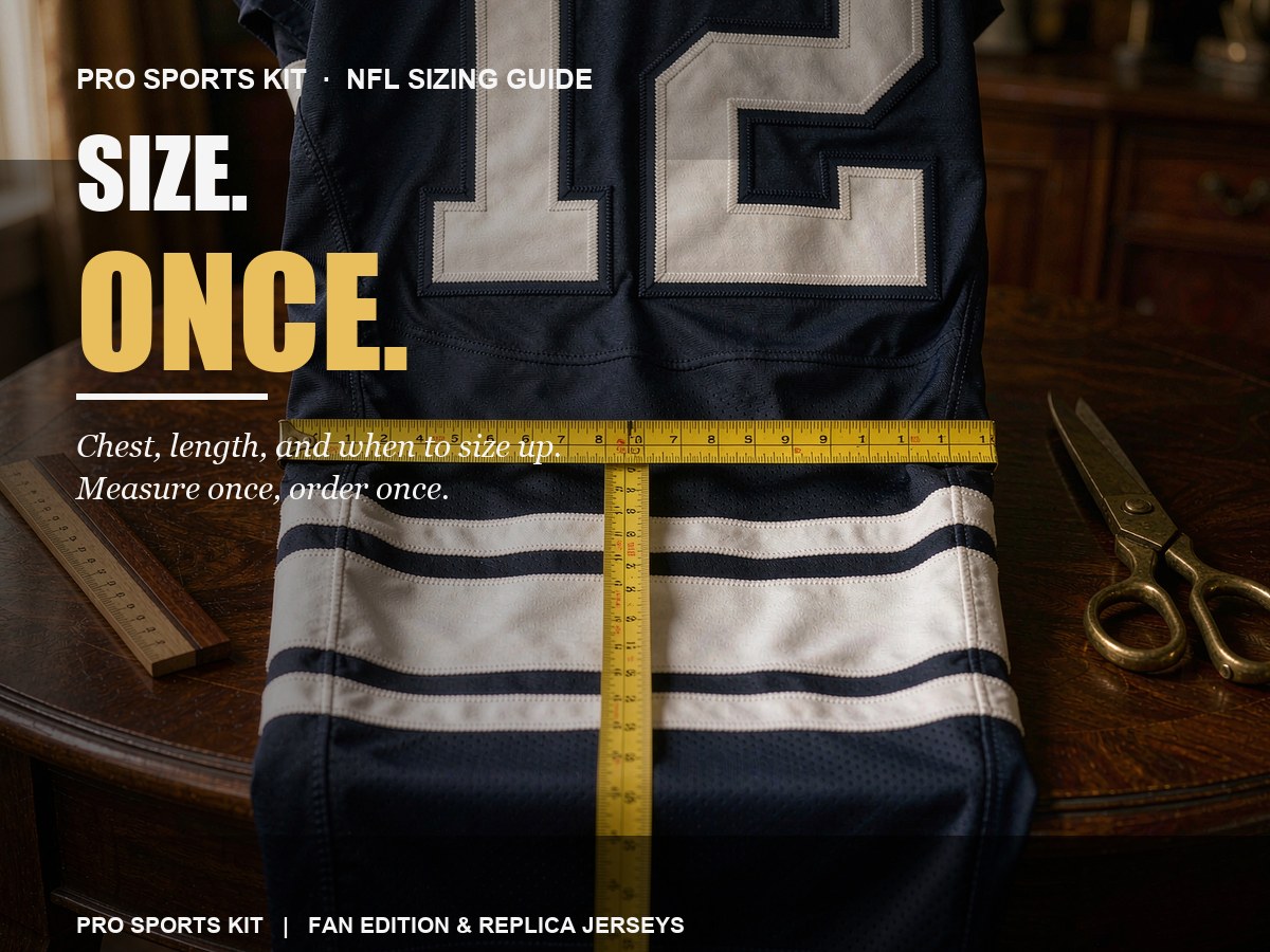 NFL jersey with tailor measuring tape, editorial typography overlay
