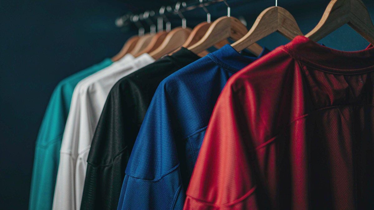 NHL hockey jerseys on a rack