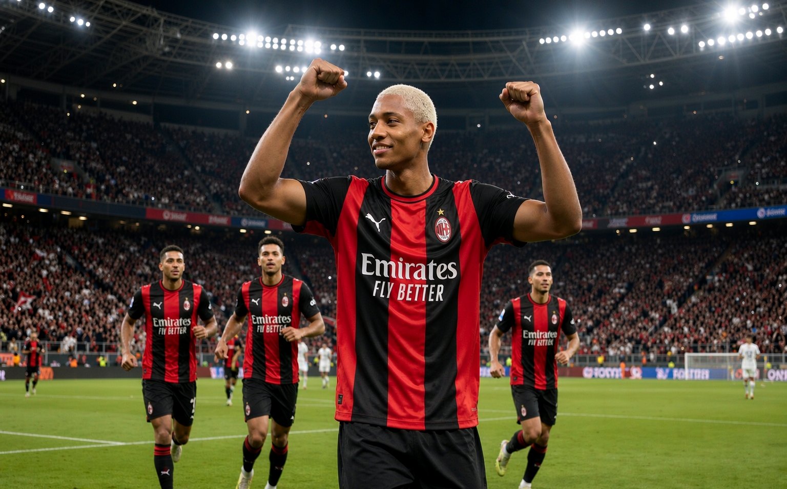 AC Milan 2026/27 home black and red striped jersey in action at San Siro during a Serie A match