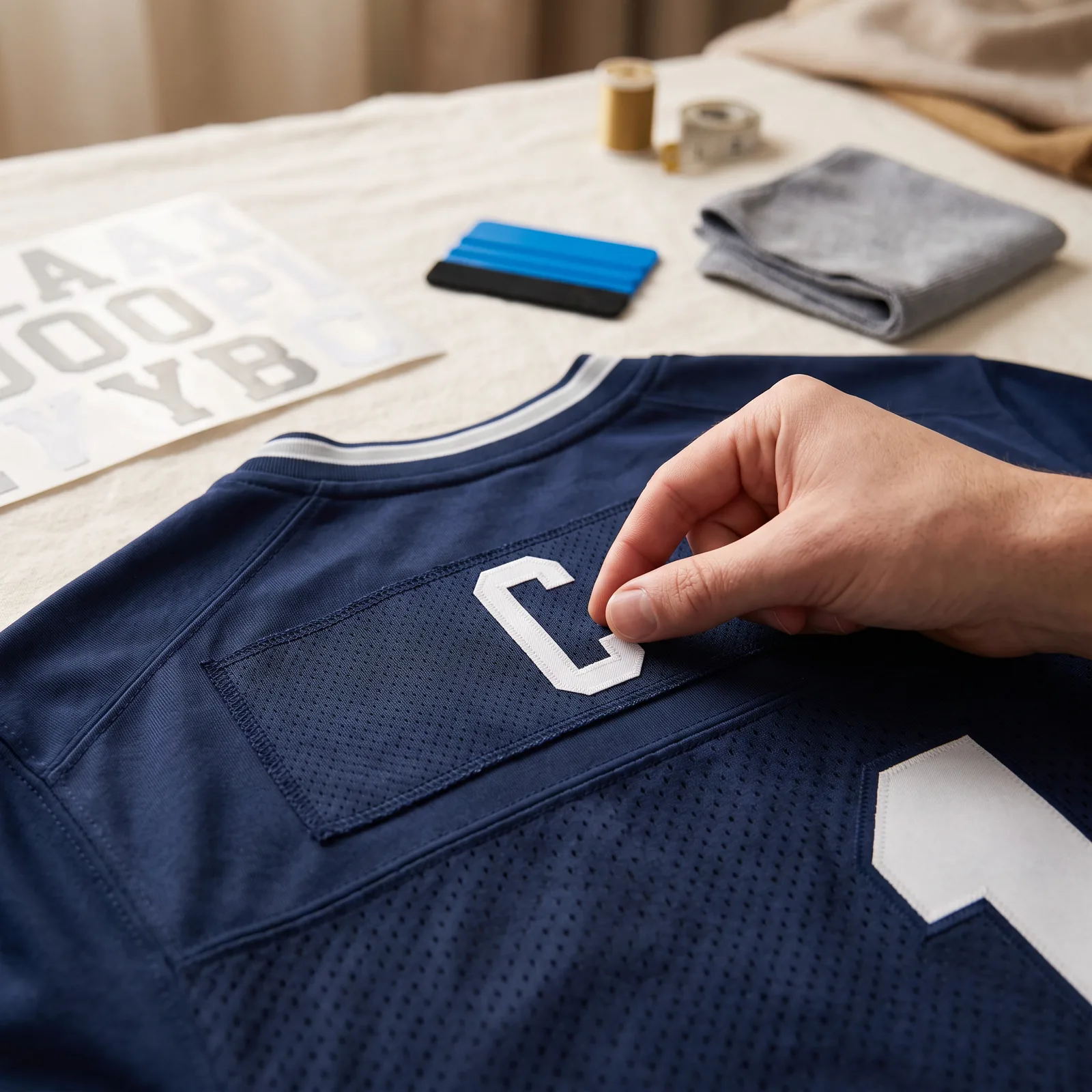 Custom jersey personalization: name and number being applied to the back of a purple sports jersey