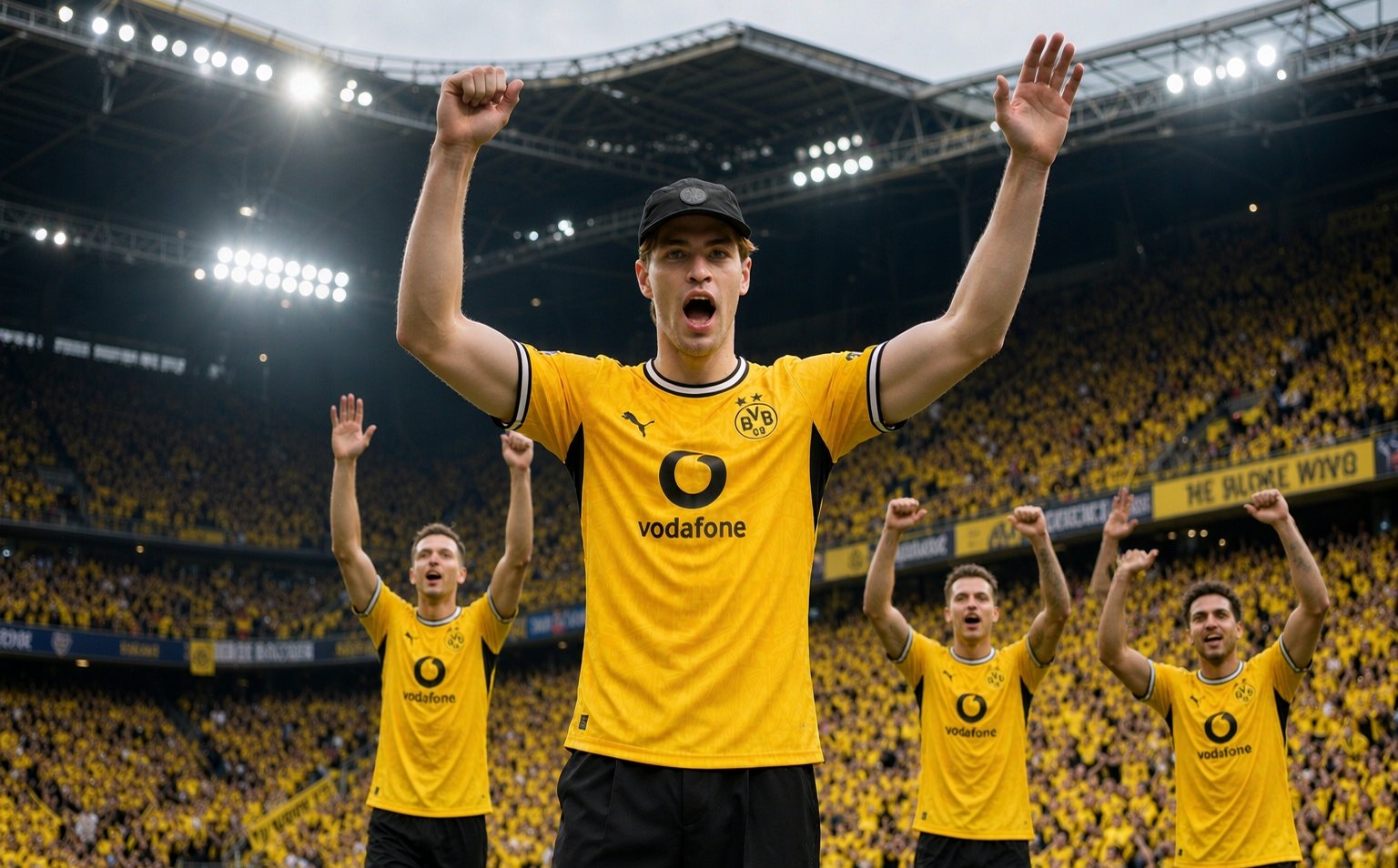 Borussia Dortmund 2026/27 home signal yellow jersey in front of the Yellow Wall at Signal Iduna Park
