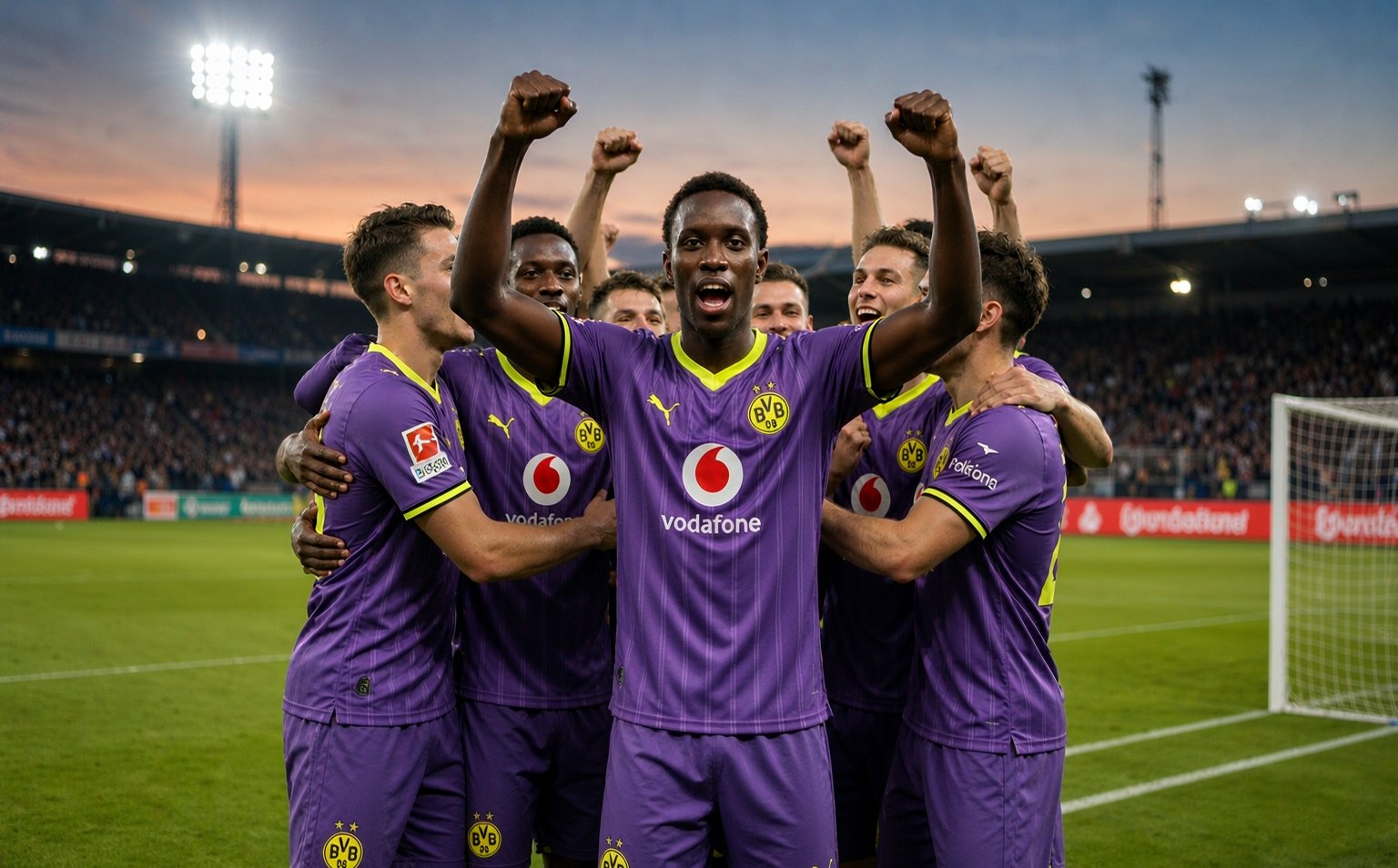 Borussia Dortmund 2026/27 third purple jersey players celebrating during a Bundesliga away match