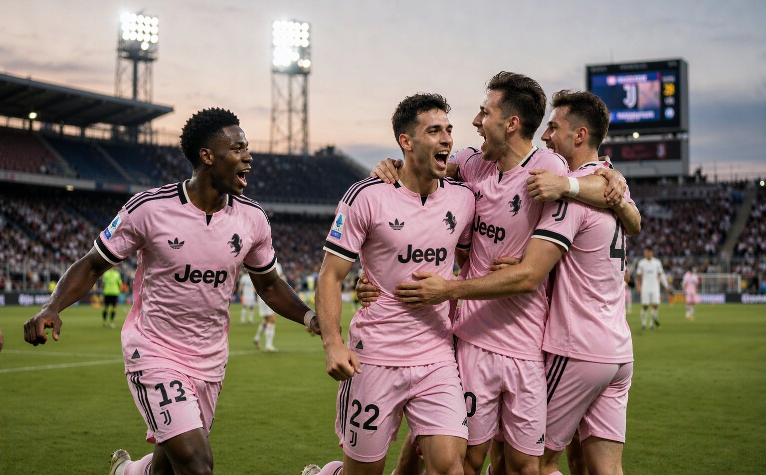 Juventus 2026/27 away pink jersey players celebrating during a Serie A away match