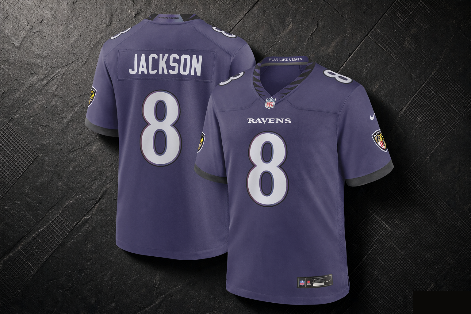 Lamar Jackson Baltimore Ravens number 8 purple football jersey, front and back, editorial product photograph for the Rio de Janeiro international game