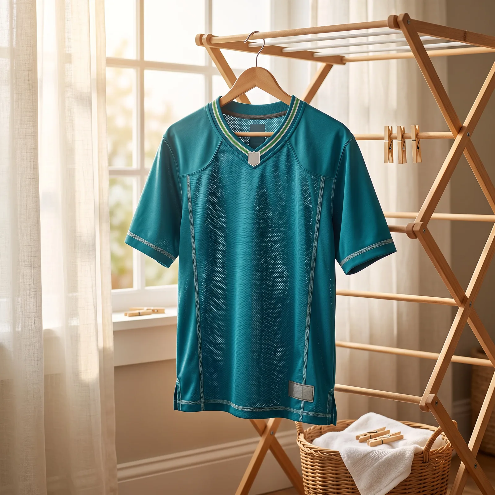 Royal blue sports jersey turned inside out, hung on a drying rack in a sunlit laundry room