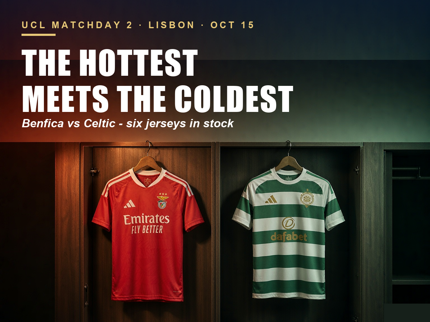 Benfica red and Celtic green-and-white hooped 2026/27 football shirts facing each other in a split light-and-shadow locker room scene, Europa League Matchday 2 Lisbon preview cover
