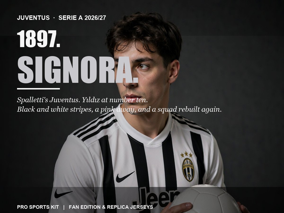 Juventus 2026/27 hub cover featuring Kenan Yildiz in the black and white striped home jersey with editorial typography overlay
