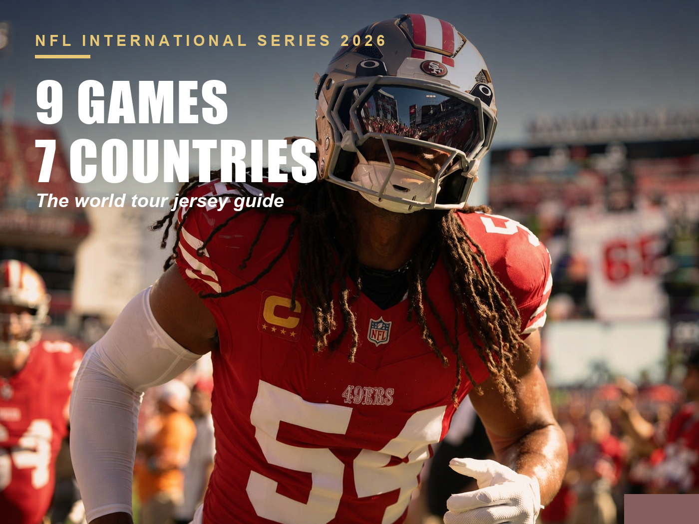San Francisco 49ers player in a scarlet jersey and gold helmet walking out in front of a packed stadium, editorial cover for the 2026 NFL international games jersey guide