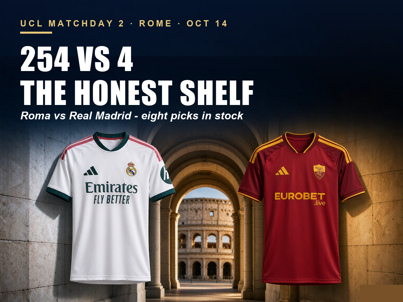 Real Madrid white and AS Roma red 2026/27 football shirts hanging on opposite walls of a stadium tunnel, Champions League Matchday 2 Rome preview cover