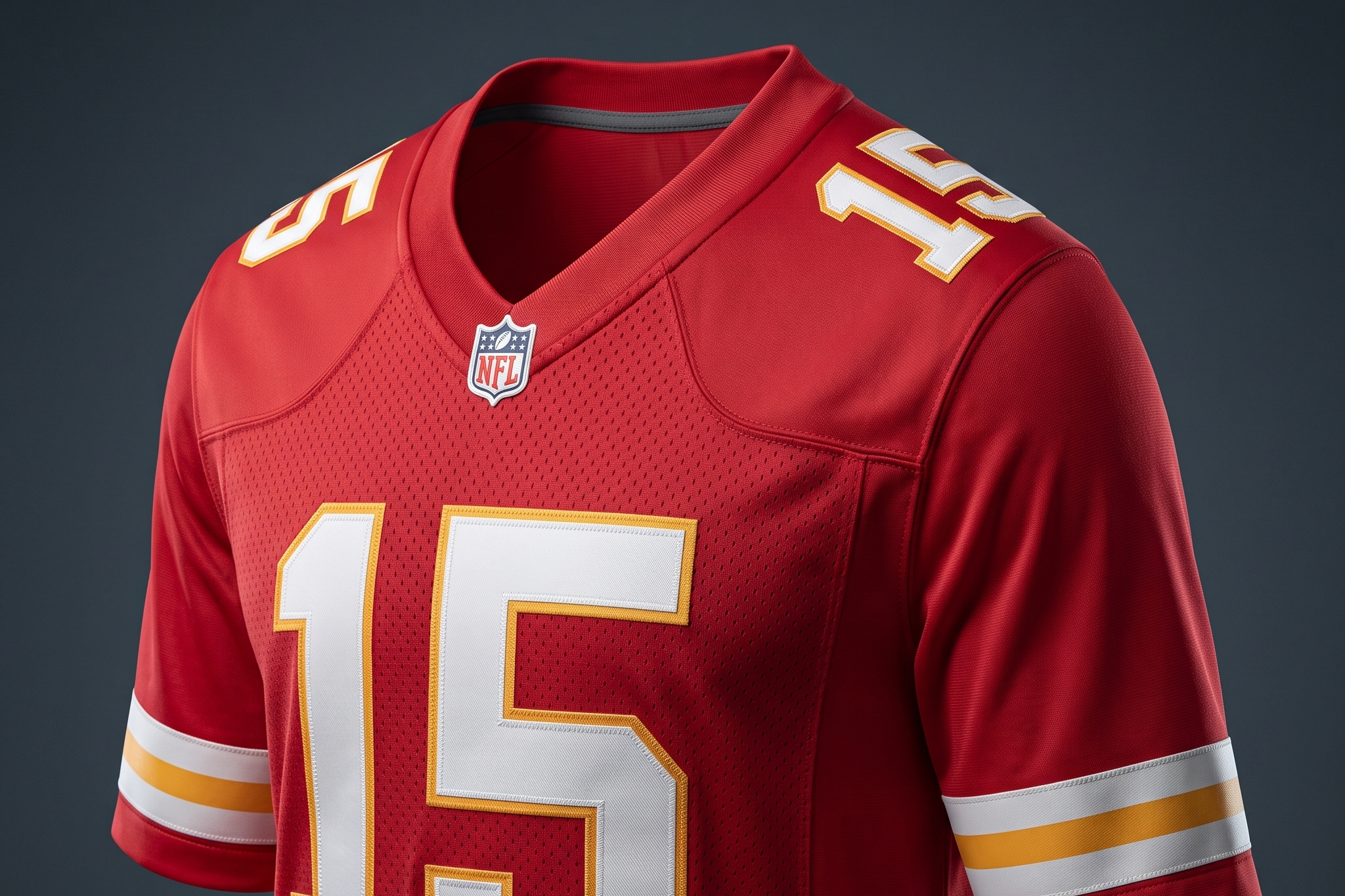 Close-up of a stitched fan edition jersey: red twill number 15 with raised embroidery and stitched nameplate on structured mesh