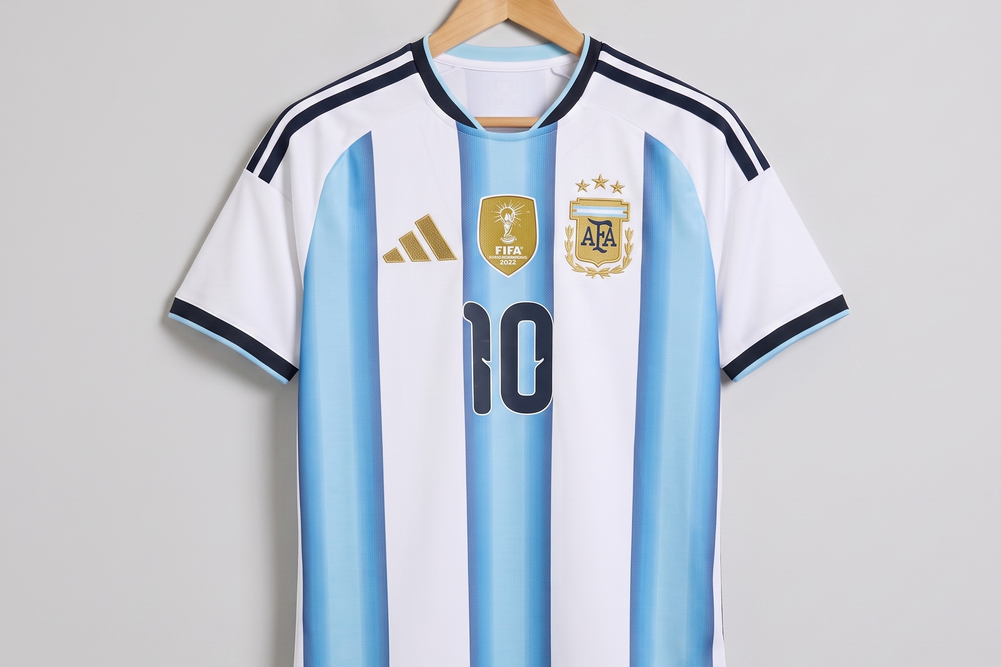Lightweight replica jersey with white and sky-blue stripes, heat-pressed number 10 and smooth crest on a slimmer athletic cut