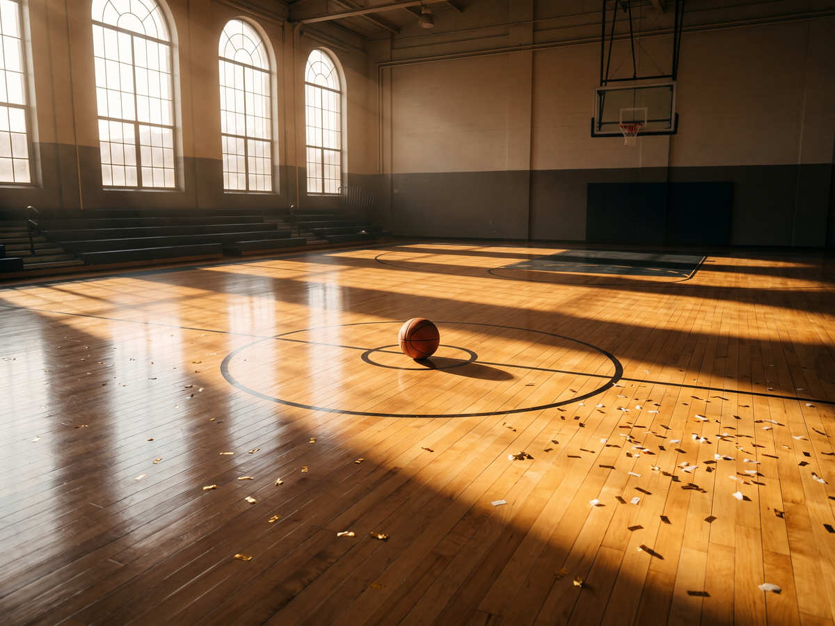 An empty basketball arena at dawn, a basketball at center court