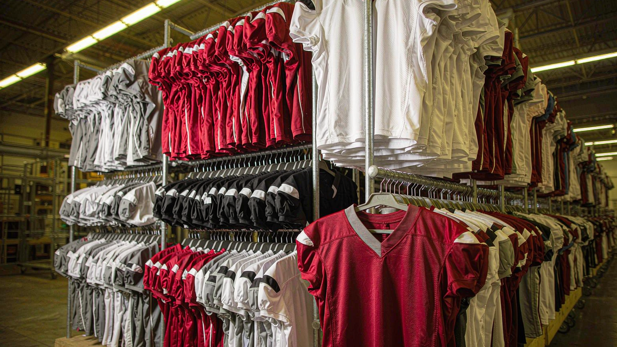 New college jerseys on warehouse racks ready for dispatch