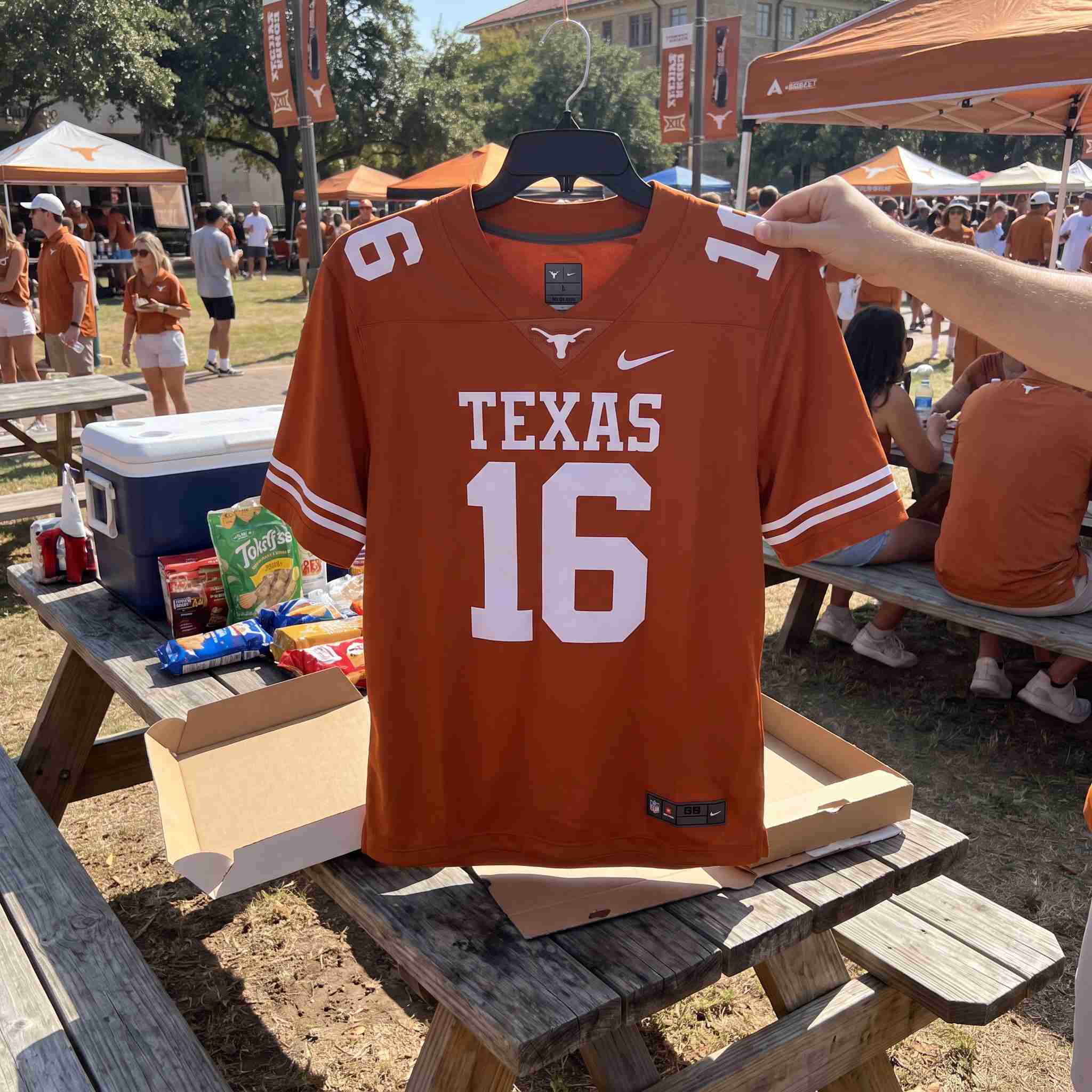 Customer unboxing burnt orange stitched jersey at game tailgate bench