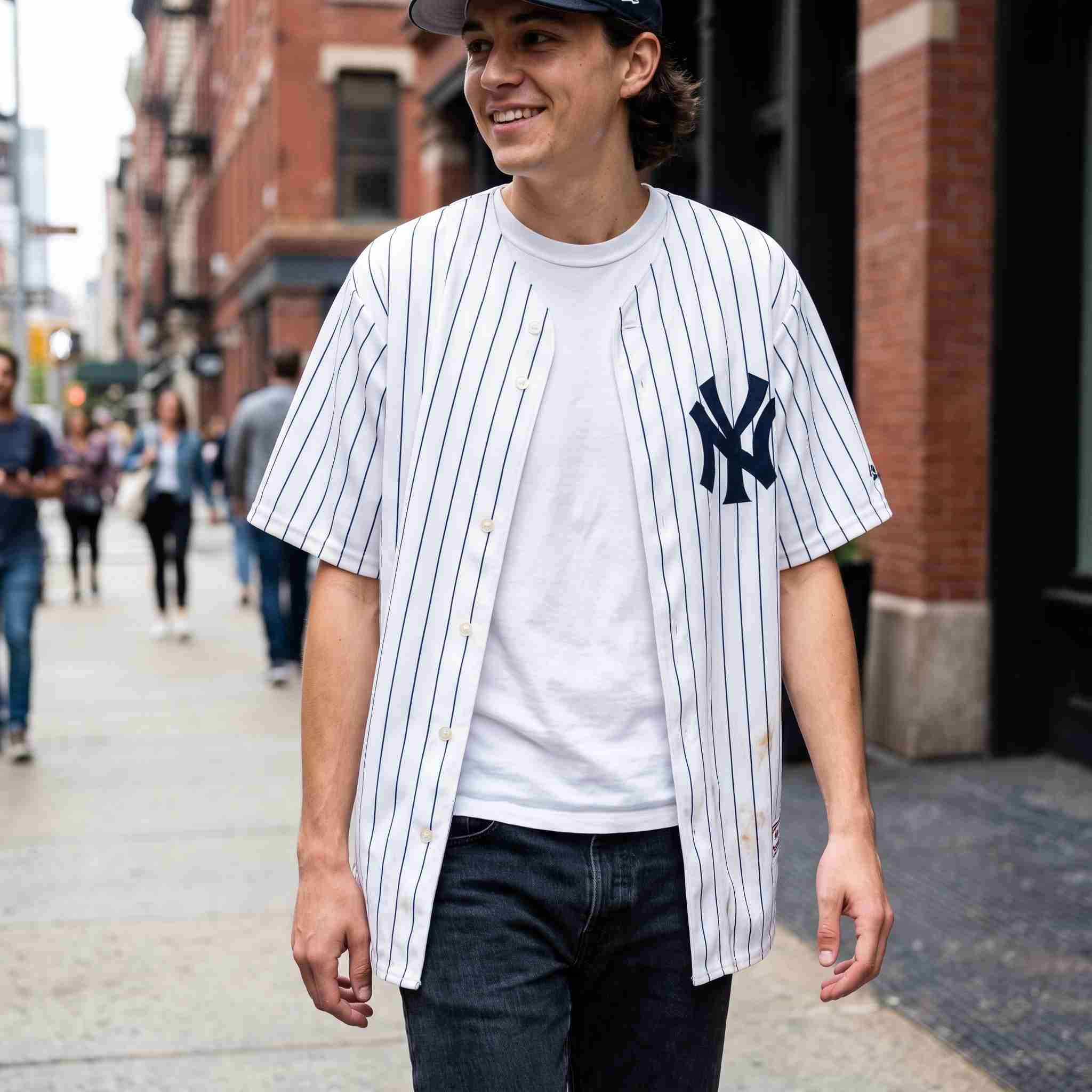 Customer unboxing and street try-on photo of white pin-stripe button down baseball jersey