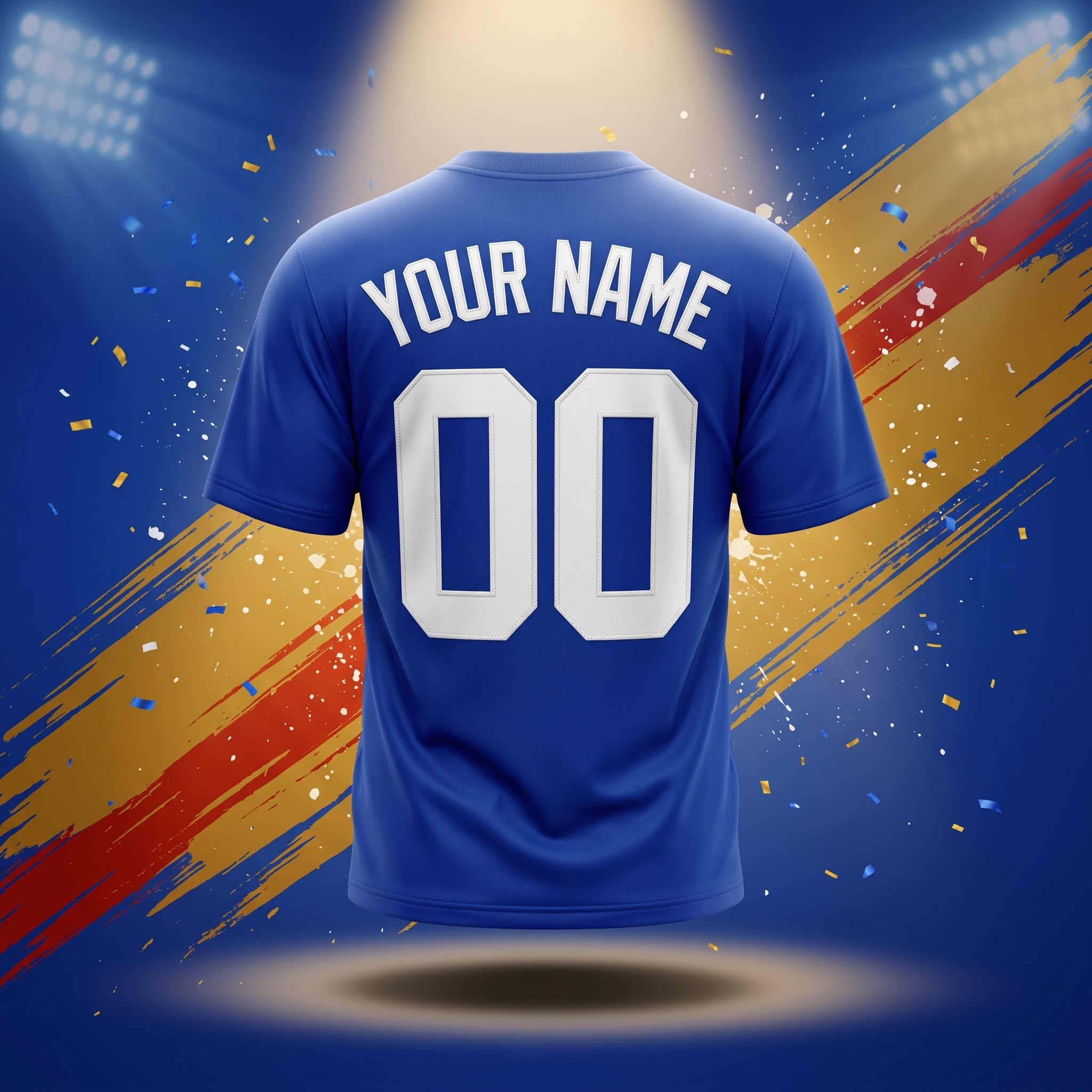 Customize any name and number on a royal blue fan jersey